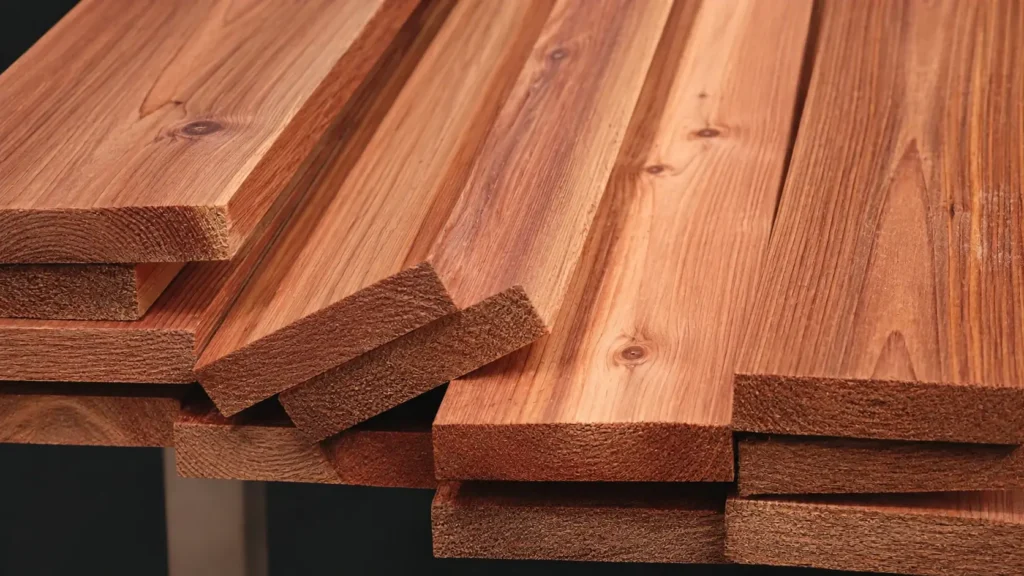 Stacked cedar boards with natural reddish grain, illustrating one of the best wood choices for durable outdoor garden projects.