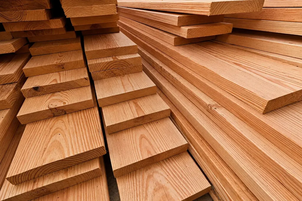 Stacks of Douglas fir lumber boards showing natural grain and warm wood tones for outdoor garden building projects.