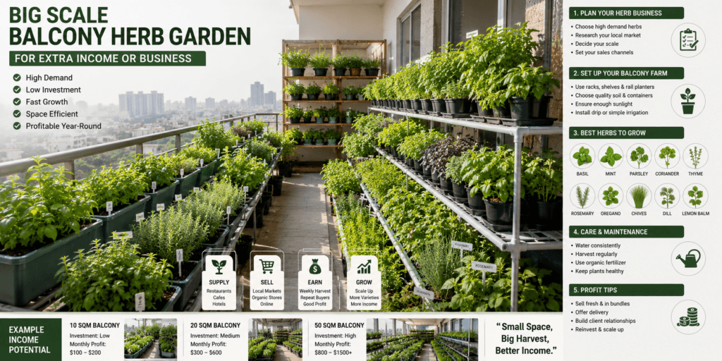 Big scale balcony herb garden for extra income or business showing rows of basil, mint, parsley, rosemary, oregano, thyme, chives, and other herbs growing on shelves and railing planters in an urban balcony setup.