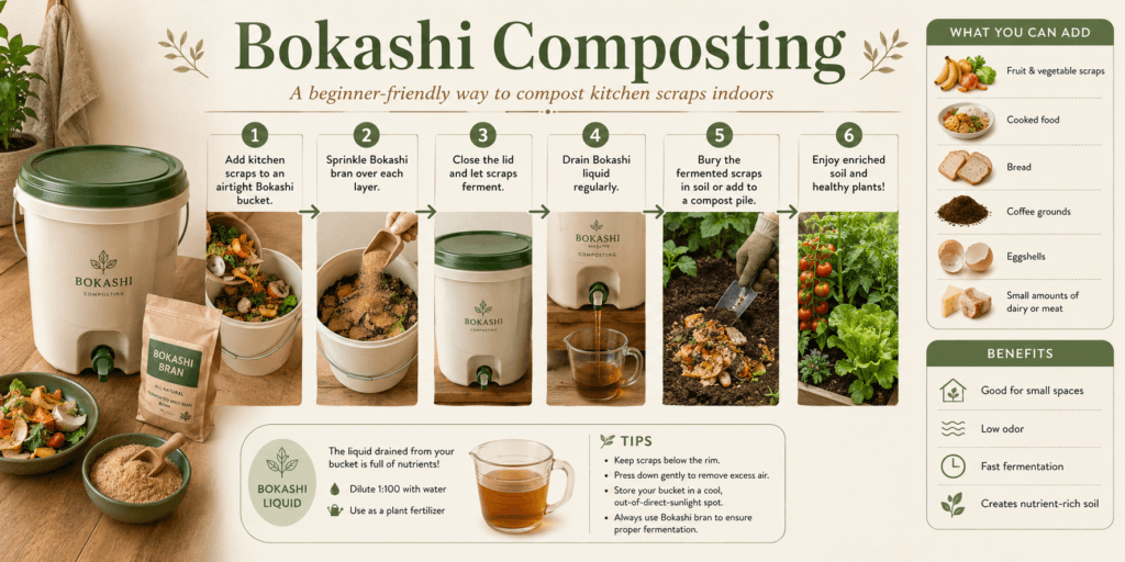 Bokashi composting guide for beginners showing an indoor Bokashi bucket, kitchen scraps, Bokashi bran, fermented scraps, Bokashi liquid, and the process of turning food waste into nutrient-rich soil.