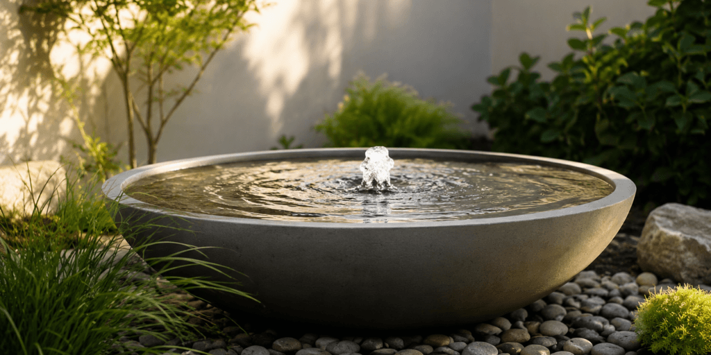 Bowl fountain for a small garden with gentle bubbling water, smooth stones, and simple greenery.