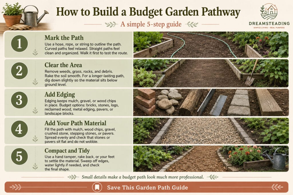 Budget garden pathway guide showing five simple steps to create a mulch or wood chip path between raised garden beds.