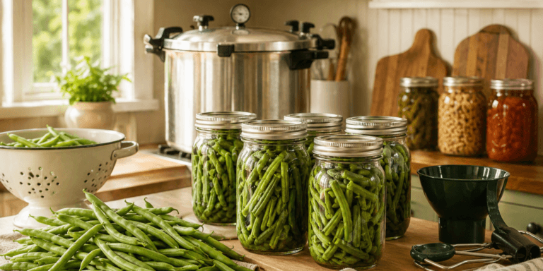 Canning green beans with fresh beans, glass jars, canning tools, and a pressure canner in a cozy homestead kitchen.