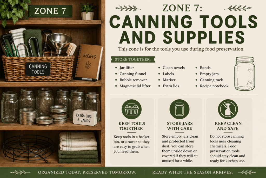 Canning tools and supplies pantry zone infographic showing a jar lifter, canning funnel, bubble remover, magnetic lid lifter, clean towels, labels, marker, extra lids, bands, empty jars, canning rack, recipe notebook, and storage tips for keeping food preservation tools clean and organized.