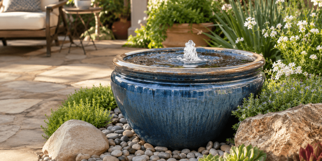 Ceramic pot fountain with bubbling water, natural stones, and garden plants in a sunny patio corner.