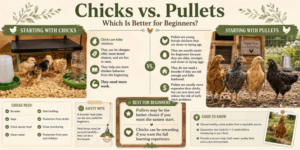 Chicks vs pullets infographic comparing beginner chicken options, showing baby chicks in a brooder with heat, starter feed, water, bedding, and monitoring needs beside older pullets near a coop, with tips on cost, care level, egg-laying age, safety, and the easiest choice for new chicken keepers.