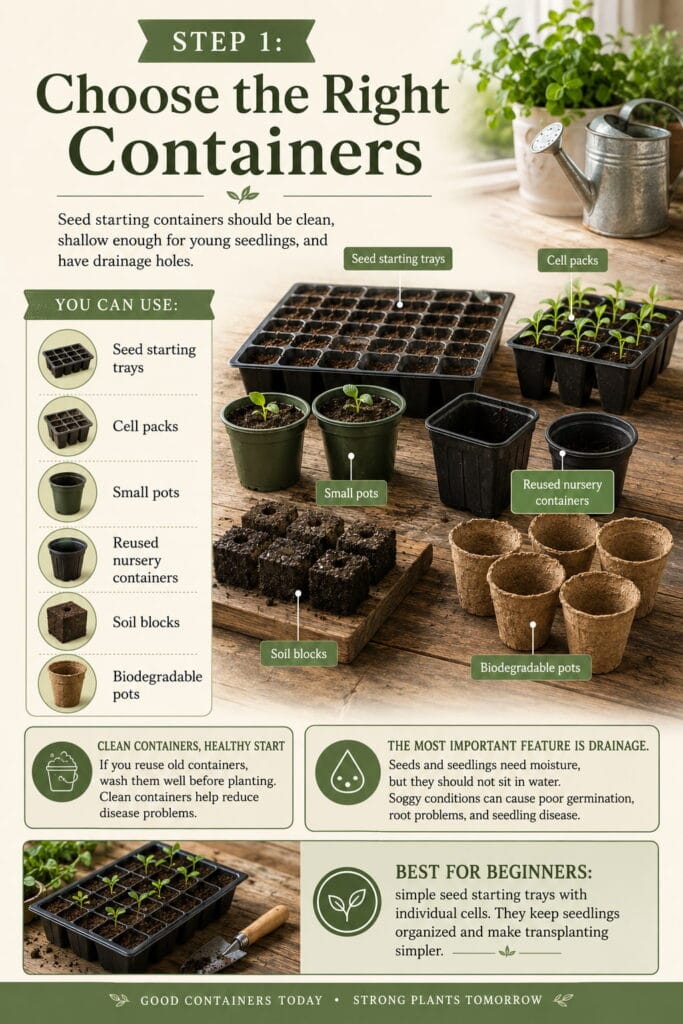 Seed starting containers infographic showing seed trays, cell packs, small pots, reused nursery containers, soil blocks, and biodegradable pots with tips about clean containers, drainage holes, moisture control, and beginner-friendly seed starting trays.