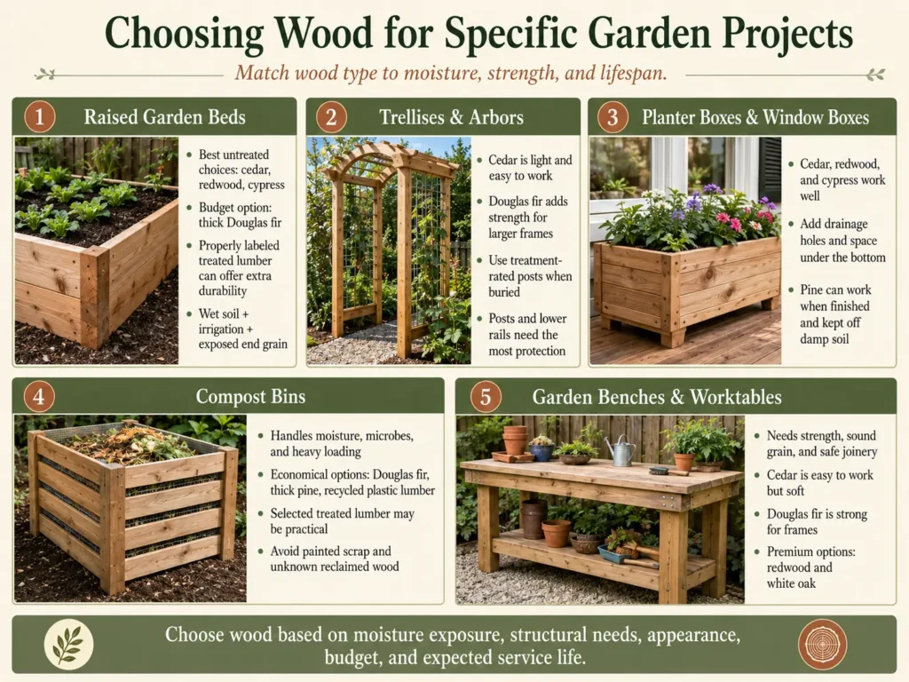 Realistic infographic showing the best wood choices for specific garden projects, including raised garden beds, trellises and arbors, planter boxes, compost bins, and garden benches or worktables.