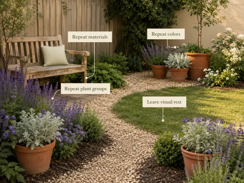 Cohesive garden design using repeated terracotta pots, purple flowers, silver foliage, natural wood, and a gravel path with open lawn for visual balance.