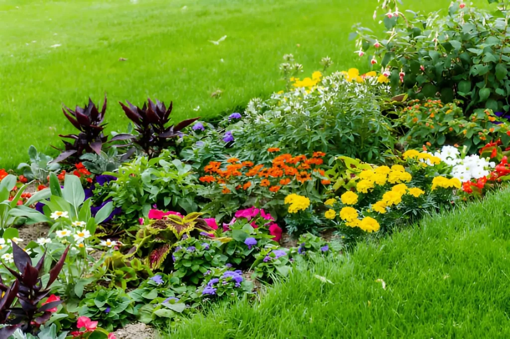 Colorful curved garden border filled with yellow, orange, pink, purple, red, and white flowers beside a lush green lawn.
