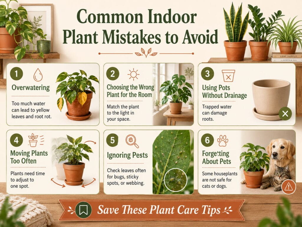 Infographic showing common indoor plant mistakes to avoid, including overwatering, poor plant placement, lack of drainage, moving plants too often, pests, and pet safety.