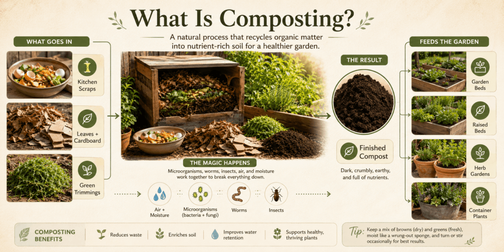 Composting for beginners infographic showing kitchen scraps, leaves, cardboard, green trimmings, microorganisms, worms, air, moisture, finished compost, and ways to use compost in garden beds, raised beds, herb gardens, and container plants.