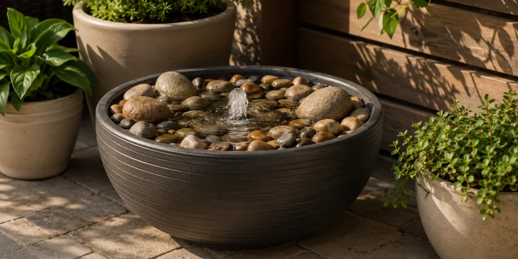 Container fountain DIY with a bubbling water feature, smooth pebbles, and potted plants on a small patio.