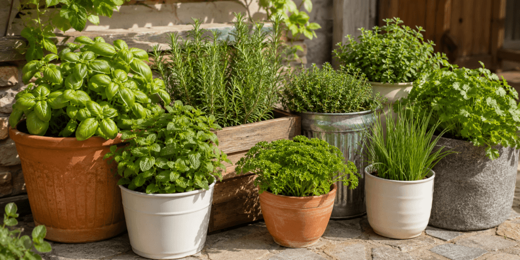 Container herb garden ideas showing basil, mint, rosemary, thyme, oregano, parsley, cilantro, and chives growing in terracotta pots, ceramic pots, wooden boxes, and metal containers in a sunny patio setting.