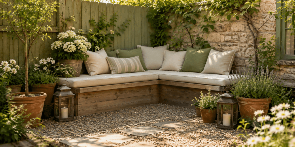 Corner garden bench ideas showing a cozy L-shaped wooden bench in a patio corner with cushions, potted flowers, lavender, gravel, lanterns, and warm natural garden light.