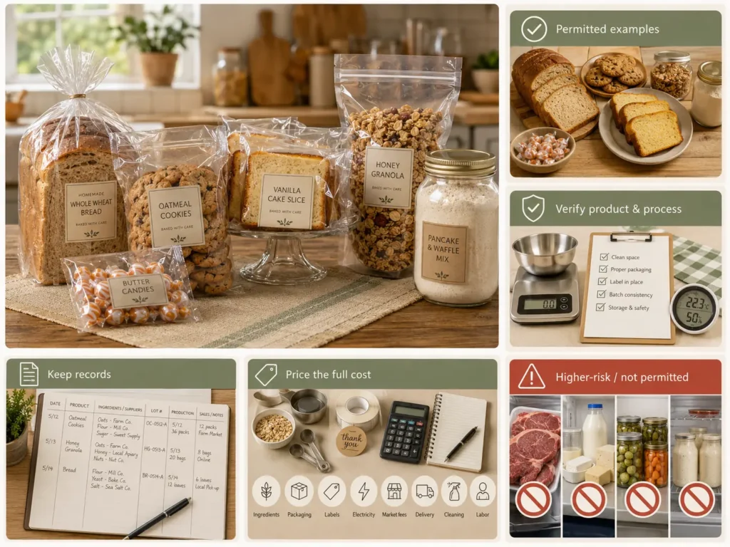 Visual infographic showing a small cottage-food business with packaged bread, cookies, granola, dry mixes, a kitchen scale, product labels, recordkeeping, and examples of foods that may require different permits.