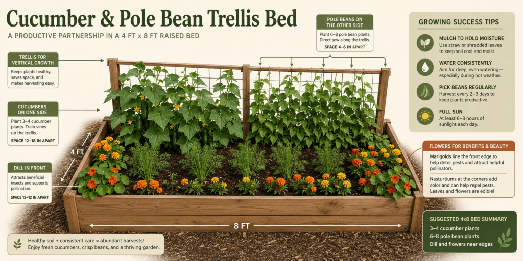 Cucumber and pole bean trellis raised bed layout infographic showing a 4x8 raised bed with cucumbers on one side, pole beans on the other, dill, marigolds, optional nasturtiums, plant spacing, trellis support, and summer growing tips.