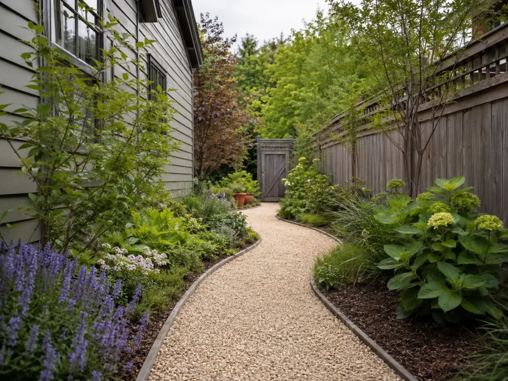 Gently curved gravel pathway creating a clear route through a narrow planted garden.