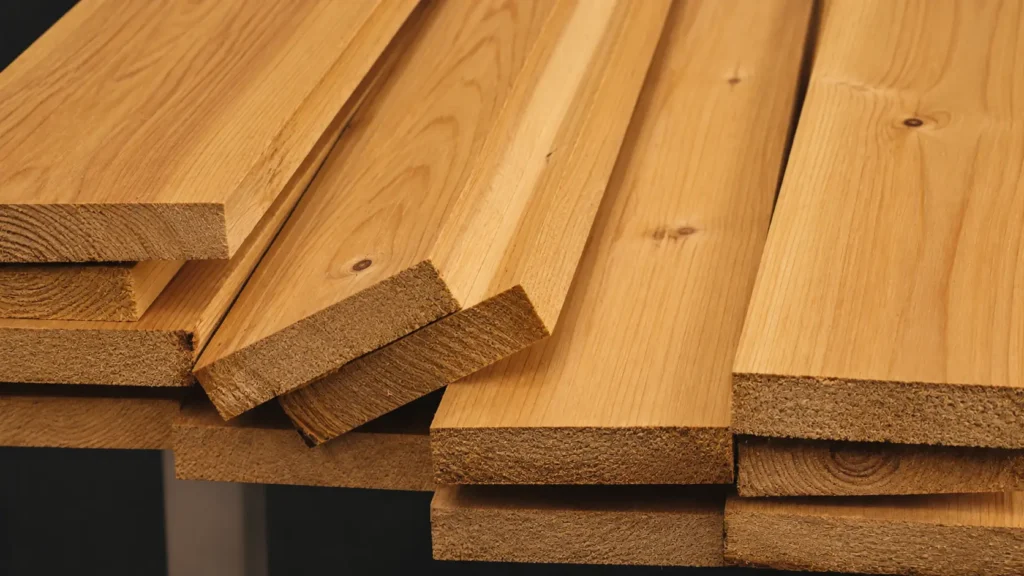 Close-up of stacked cypress wood boards showing warm golden tones, natural grain, knots, and freshly cut edges.