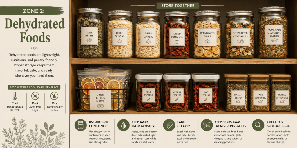 Dehydrated foods pantry zone infographic showing dried herbs, dried onions, dried garlic, dried tomatoes, dehydrated fruit, dehydrated vegetables, seasoning blends, dried citrus slices, dried peppers, airtight storage jars, moisture protection tips, clear labels, and spoilage checks.