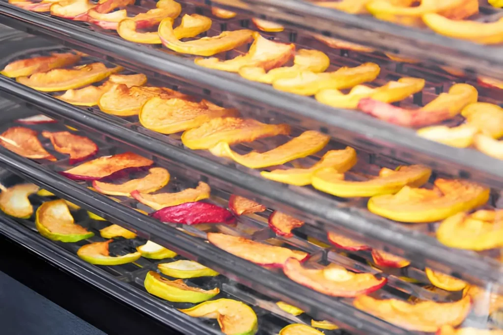 Sliced red and green apples drying evenly across multiple stacked trays inside a food dehydrator.