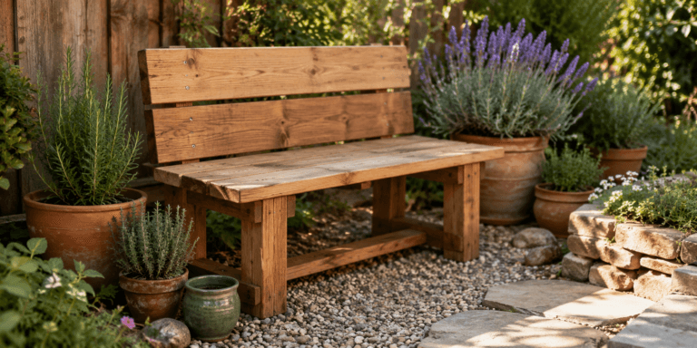 DIY garden bench ideas with a simple wooden bench in a cozy garden corner surrounded by herbs, flowers, gravel, and natural stones.