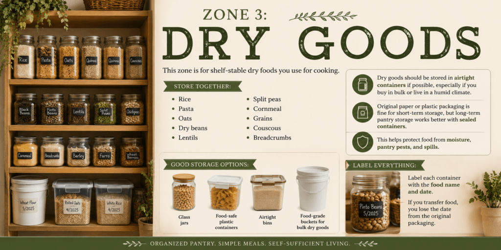 Dry goods pantry zone infographic showing rice, pasta, oats, dry beans, lentils, split peas, cornmeal, grains, couscous, breadcrumbs, airtight containers, glass jars, food-safe bins, bulk buckets, and labeling tips for organized pantry storage.