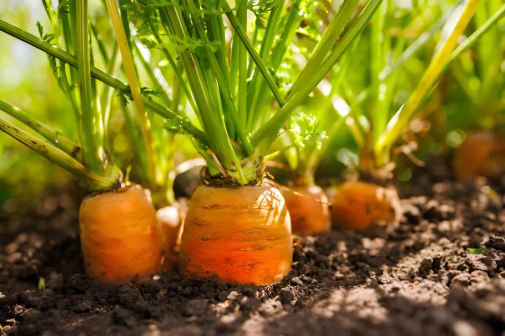 Fresh carrots growing in loose garden soil with healthy green foliage above the roots.