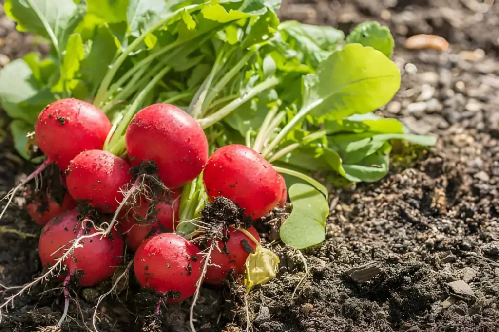 Fresh red radishes with green leaves harvested from garden soil, an easy vegetable for beginner gardeners.