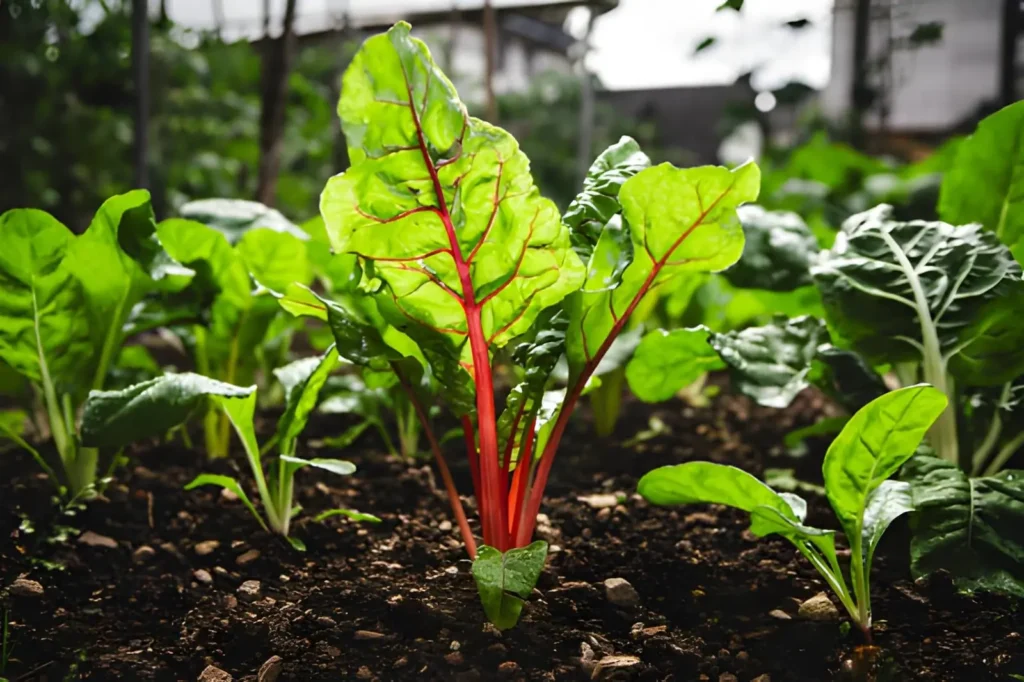 Healthy Swiss chard plants with colorful stems and broad green leaves growing in a garden bed.