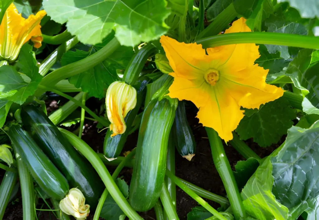 Green zucchini growing beneath large leaves and bright yellow flowers in a summer garden.