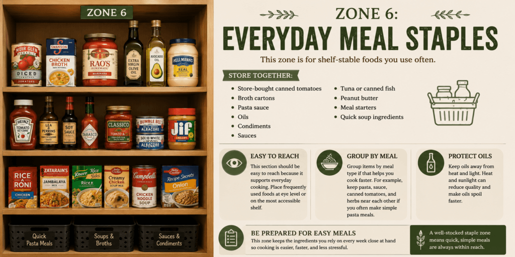 Everyday meal staples pantry zone infographic showing store-bought canned tomatoes, broth cartons, pasta sauce, oils, condiments, sauces, tuna, peanut butter, meal starters, quick soup ingredients, easy-reach storage tips, meal grouping ideas, and oil protection guidance.