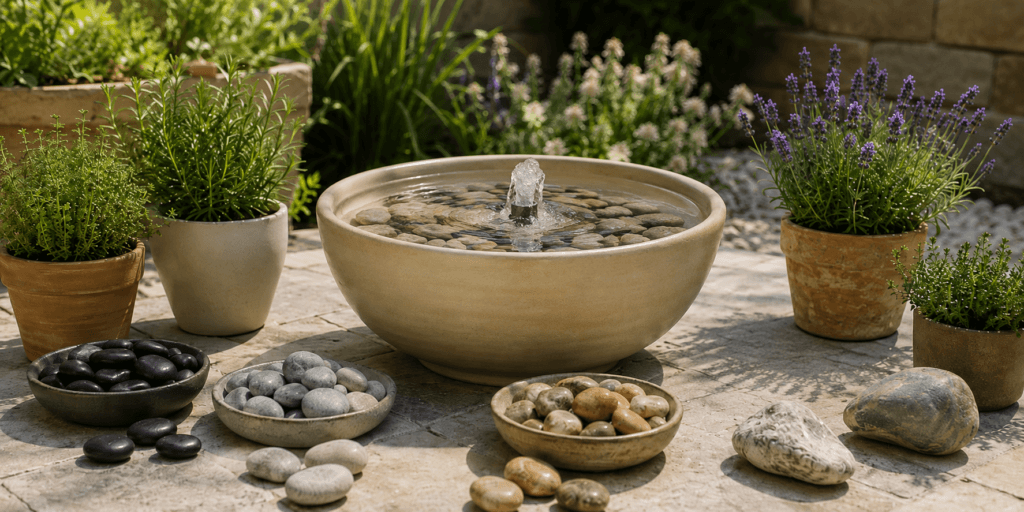 Filling a DIY small fountain with clean water until the pump is fully submerged beneath the stones.
