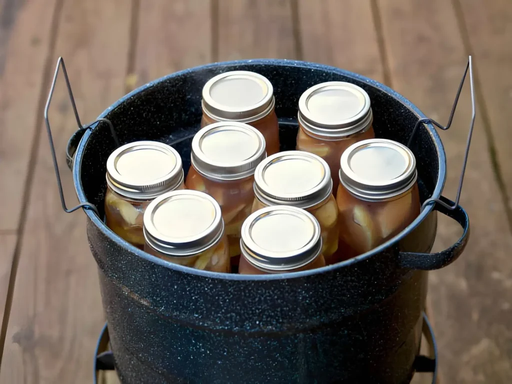 Seven filled mason jars arranged in a canning rack inside a black water-bath canner, ready for heat processing.