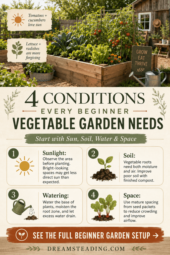 Pinterest guide showing the four conditions every beginner vegetable garden needs: sunlight, healthy soil, consistent watering, and proper spacing, with a productive raised bed of tomatoes, lettuce, kale, and flowers.
