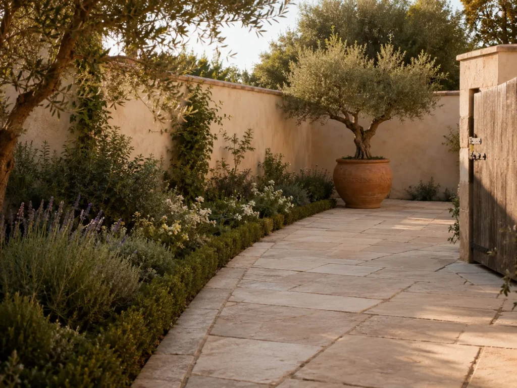 Diagonal paving and border edges directing attention toward a large potted olive tree.