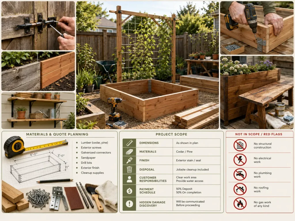 Visual infographic showing small homesteading repair and assembly jobs, including raised beds, garden gates, trellises, planter repairs, outdoor shelving, tools, materials, and project planning.