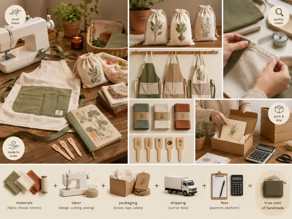 Visual infographic showing handmade homesteading products such as reusable produce bags, garden aprons, cloths, plant markers, propagation stands, tool rolls, and garden journals made in small batches without a large farm.