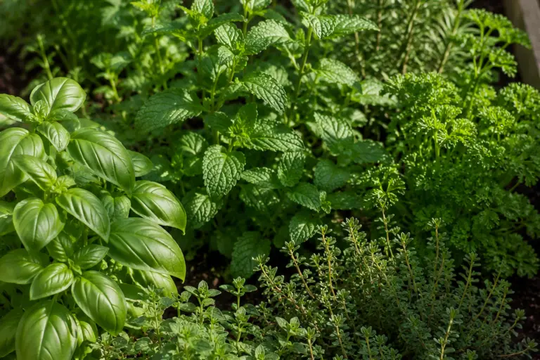 Herb garden ideas with basil, mint, rosemary, thyme, parsley, and oregano growing in pots and wooden planters.