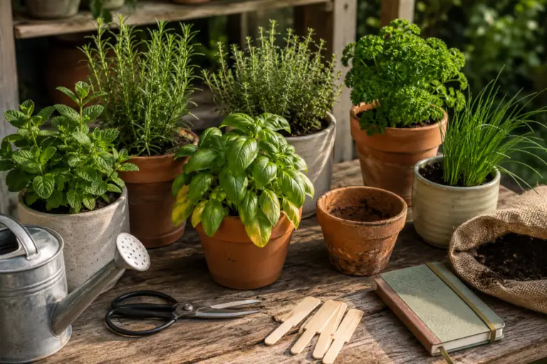 Common herb gardening mistakes with potted basil, mint, rosemary, thyme, and parsley on a wooden table.