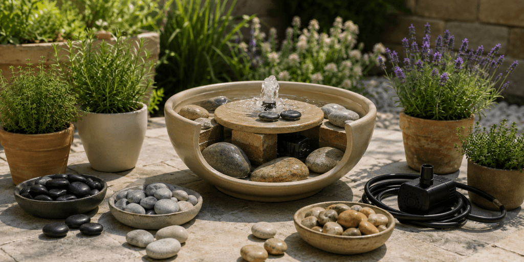 Hiding and supporting a fountain pump with stones and bricks inside a ceramic bowl fountain.