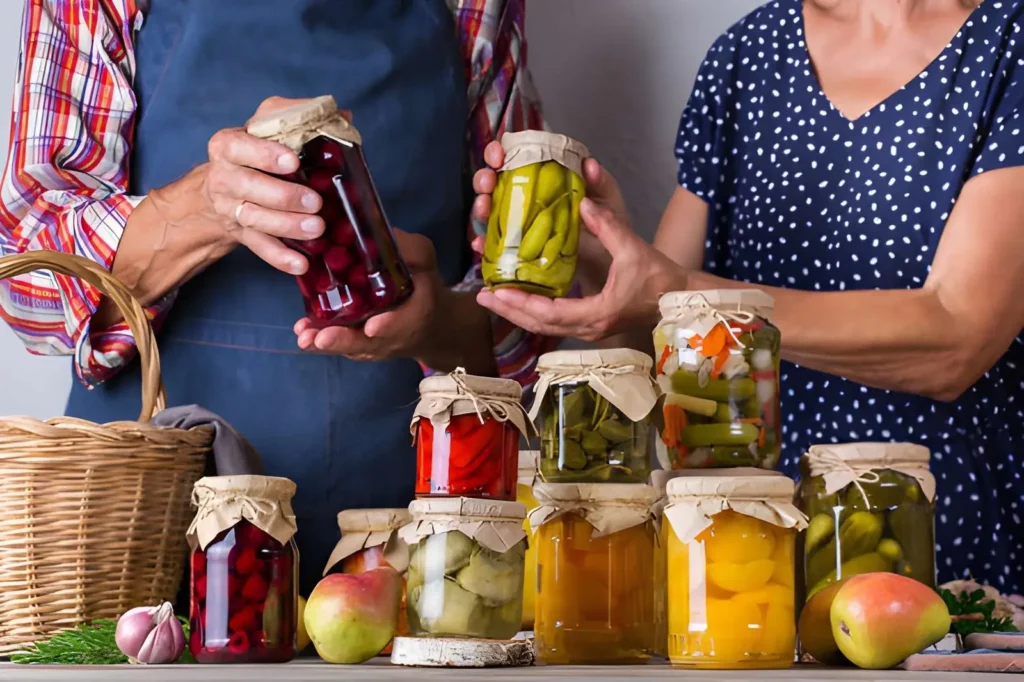 Two home food producers displaying jars of preserved fruits and vegetables, illustrating a small homesteading business that can operate without owning a large farm.