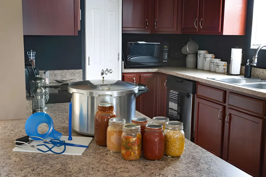 Home pressure-canning setup with a large pressure canner, jars of preserved vegetables and sauces, jar lifter, funnel, and canning tools on a kitchen counter.