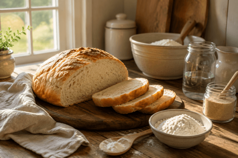 Homemade bread for beginners with a fresh loaf, flour, yeast, and simple baking ingredients on a wooden kitchen table.