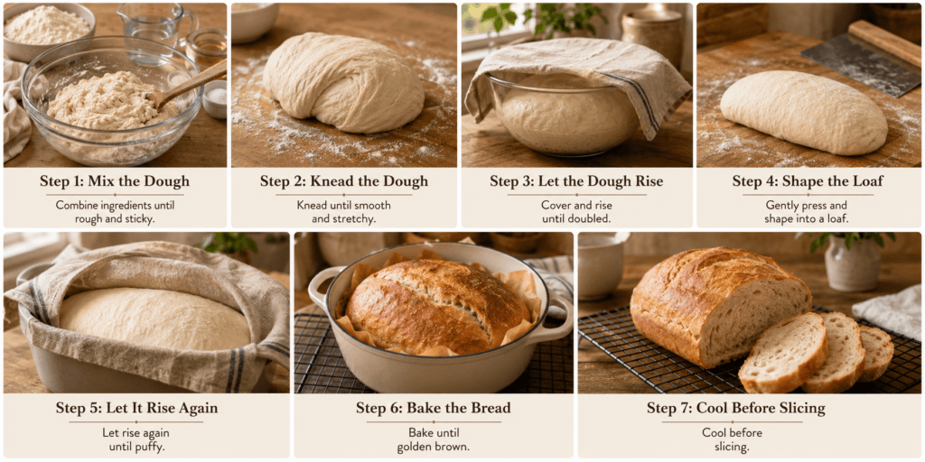 Homemade bread for beginners step-by-step process showing mixing dough, kneading, rising, shaping, baking, and cooling a fresh bread loaf.
