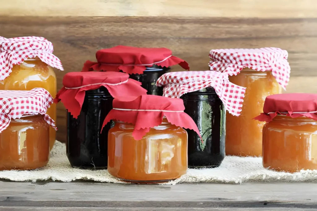 Assorted homemade fruit jams and preserves in glass jars with red and gingham fabric covers displayed on a rustic wooden surface.