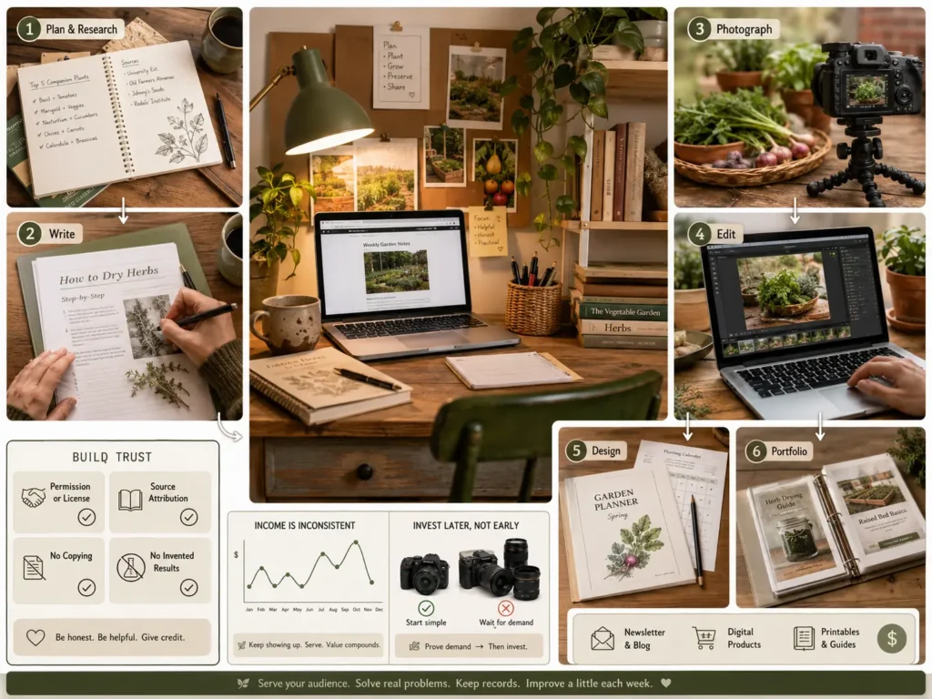 Visual infographic showing homesteading writing, photography, editing, printable design, research, and portfolio-building work that can be started without owning a large farm.