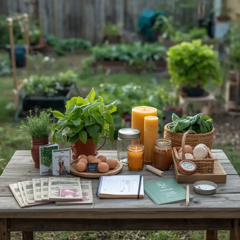 Small backyard homesteading workspace with herbs, eggs, handmade soap, jars, and vegetables for beginner homesteading jobs