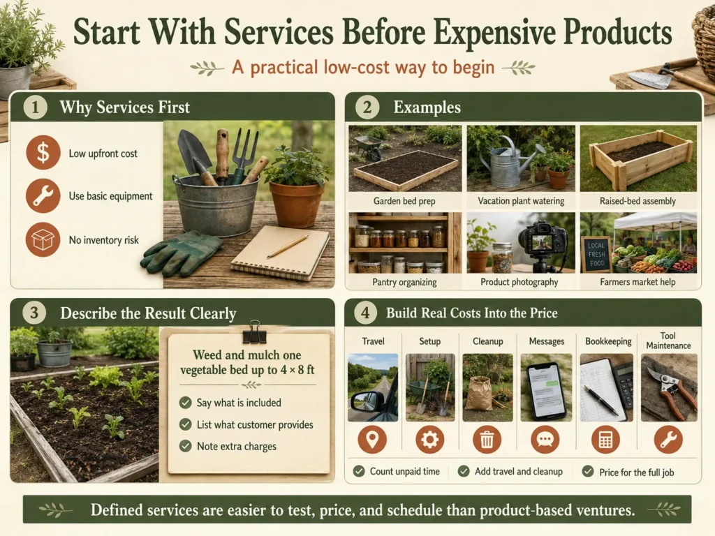 Infographic showing low-cost homesteading jobs that do not require a big farm, including garden bed preparation, plant watering, raised-bed assembly, pantry organizing, product photography, and farmers market support.