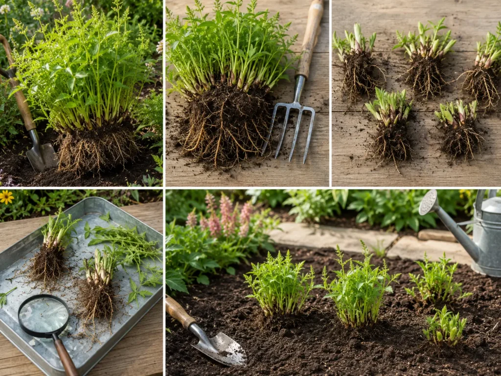 Step-by-step visual showing a healthy perennial clump being lifted, inspected, divided into rooted sections, and replanted in a prepared garden bed.